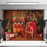 Lofaris Kranz Socken Kamin Baum Stuhl Weihnachten Hintergrund